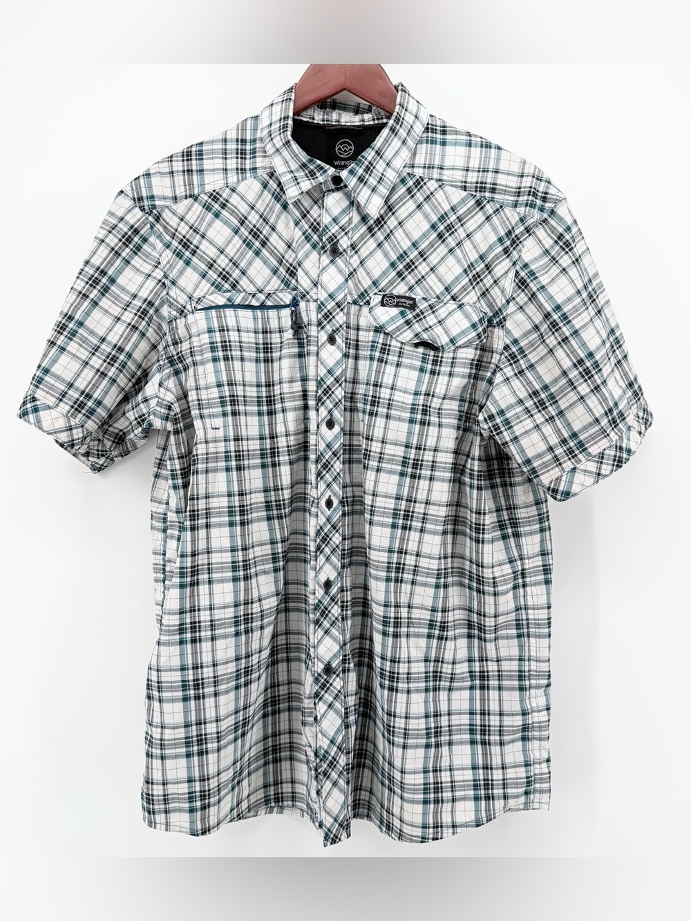 Wrangler Outdoor Large Men Green Plaid Stretch Performance Shirt Sunglasses Wipe